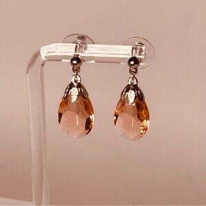 Vintage Peach Faceted Crystal Teardrop Earrings With Silver Leaf Cap. Pierced.